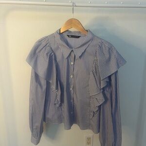 Zara Gray Ruffled Peter Pan Collar Blouse